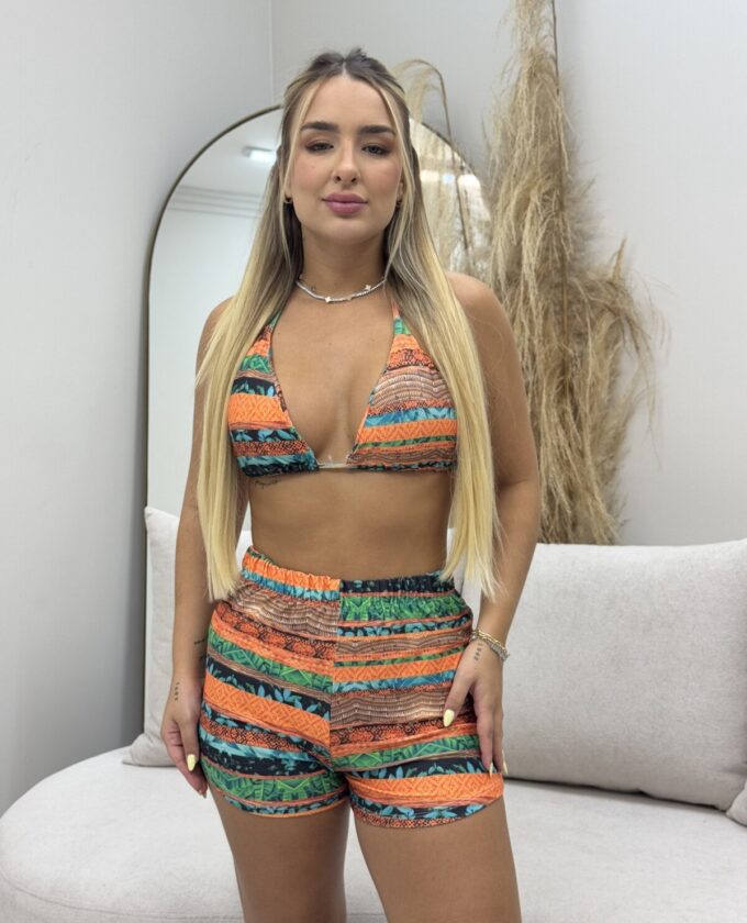 OPicoGirl - Trijunto Biquíni Estampado - Azul c/ Coqueiro