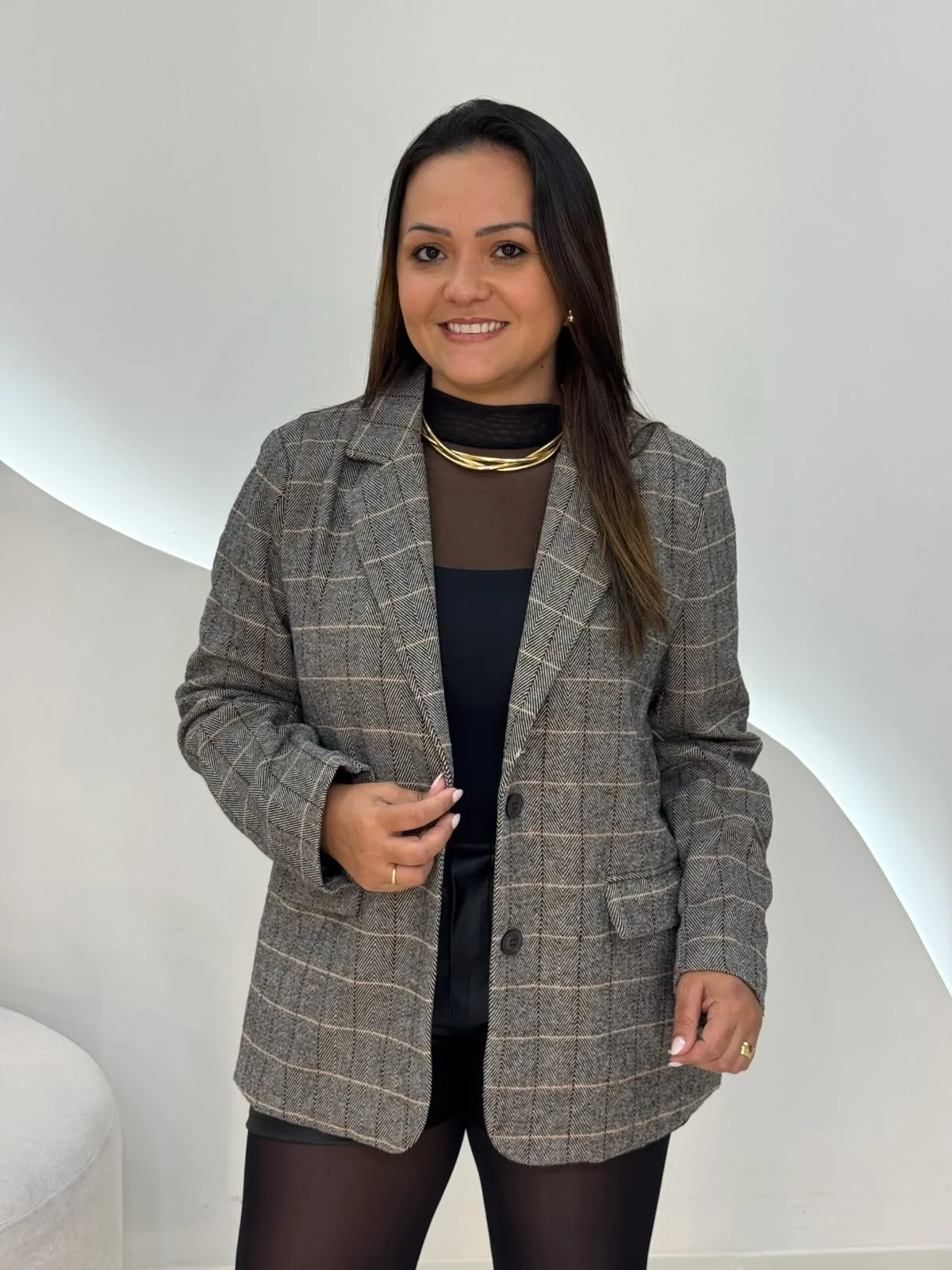 OPicoGirl – Blazer Xadrez Feminino – Grafite OPicoGirl - Blazer Xadrez Feminino - Grafite