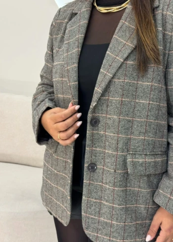 OPicoGirl - Blazer Xadrez Feminino - Grafite