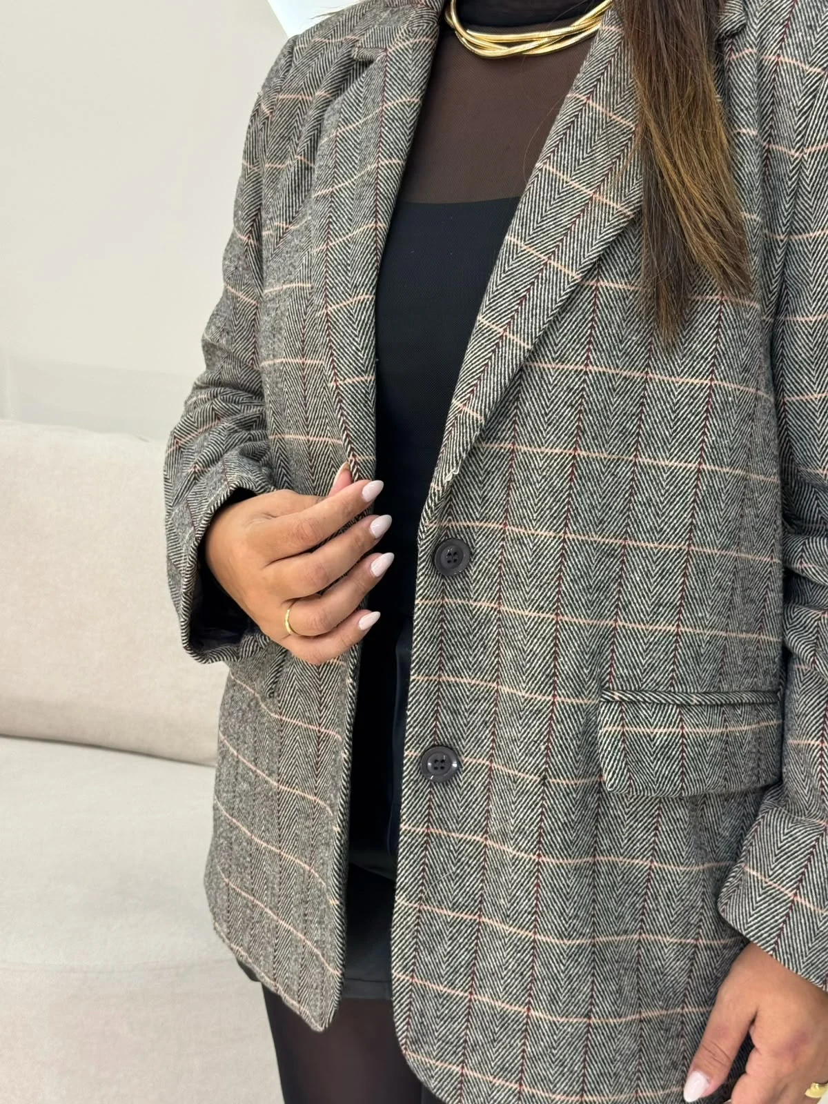 OPicoGirl – Blazer Xadrez Feminino – Grafite OPicoGirl - Blazer Xadrez Feminino - Grafite